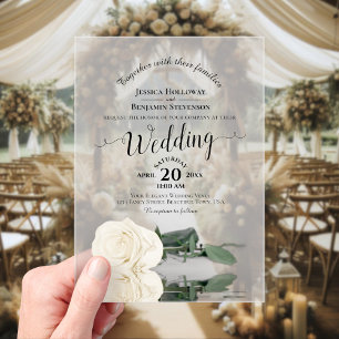 Elegant Ivory White Rose Lacy Calligraphy Wedding Acrylic Invitations