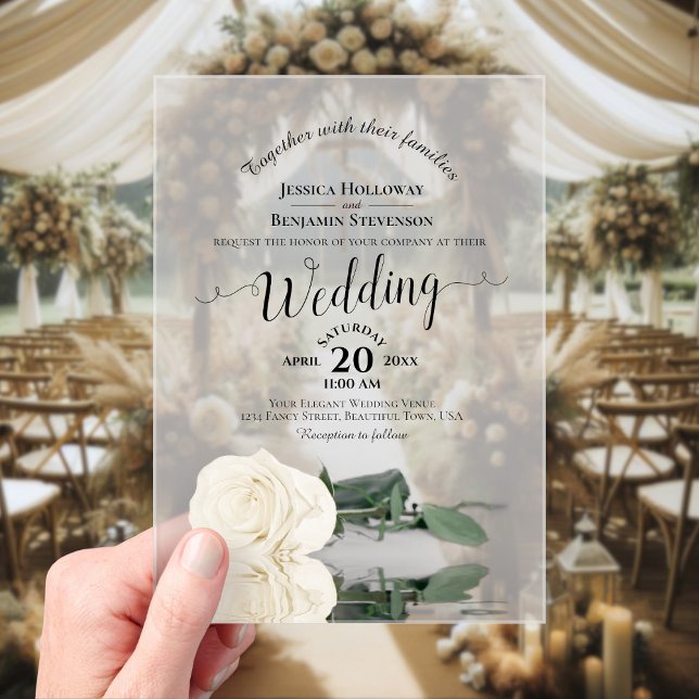 Elegant Ivory White Rose Lacy Calligraphy Wedding Acrylic Invitations (Frosted with Rectangle Cut)