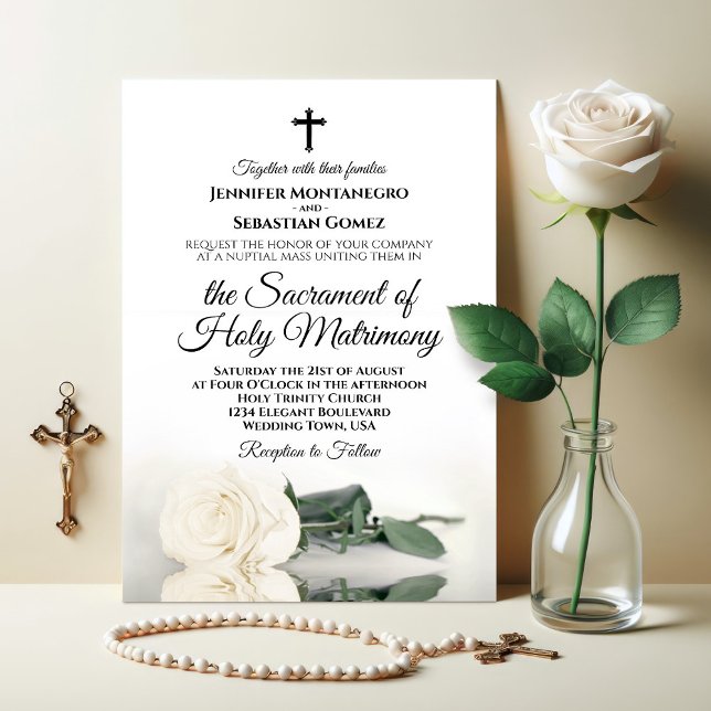 Elegant Ivory White Rose Modern Catholic Wedding Invitation (Creator Uploaded)