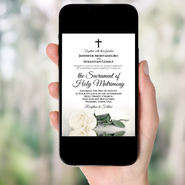 Elegant Ivory White Rose Modern Catholic Wedding Invitation (Front Digital)