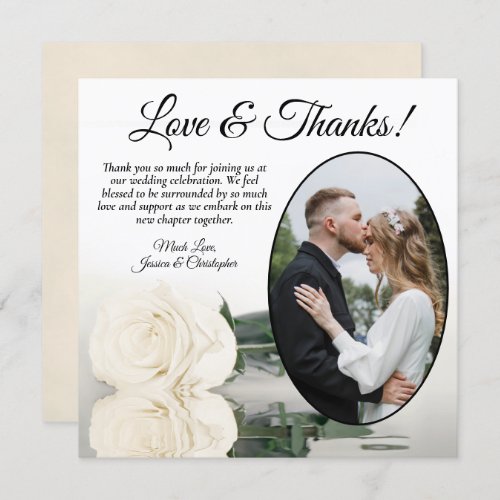 Elegant Ivory White Rose Oval Photo Wedding Thank You Card