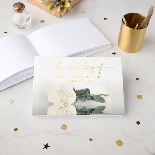 Elegant Ivory White Rose Small Wedding Foil Guest Book (Front Open)