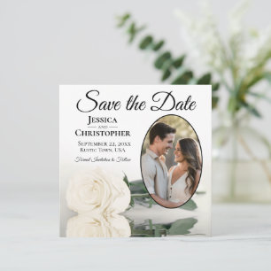 Elegant Ivory White Rose with Oval Photo Wedding Save The Date