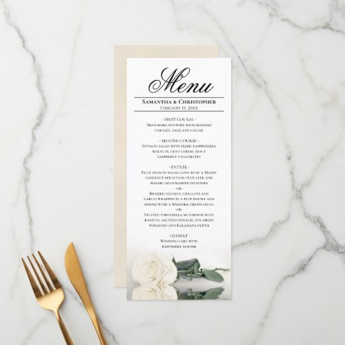 Elegant Ivory White Rose with Reflections Wedding Menu