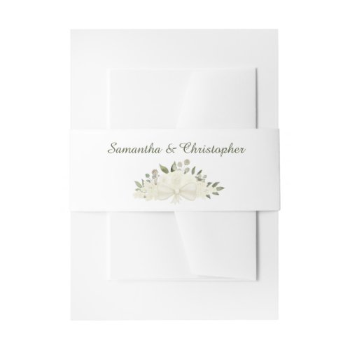 Elegant Ivory White Roses Boho Chic Floral Wedding Invitation Belly Band