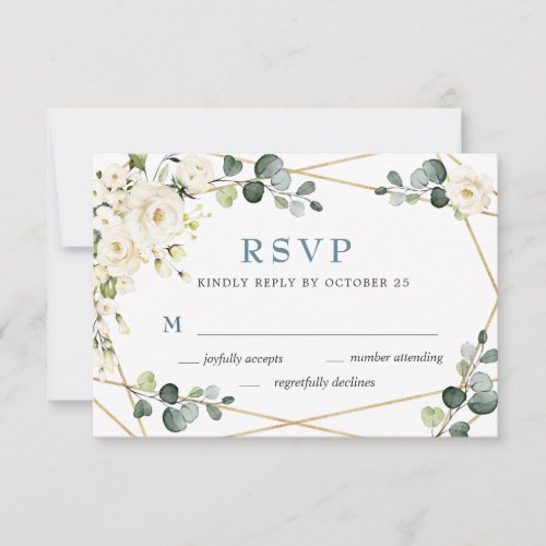 Elegant Ivory White Roses Eucalyptus Wedding RSVP Card