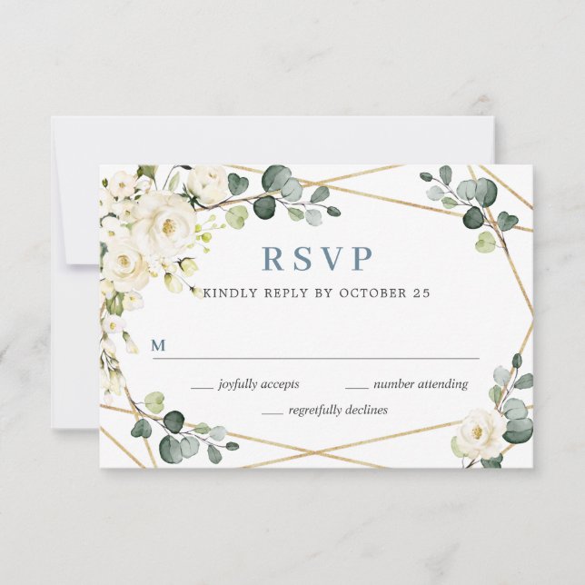 Elegant Ivory White Roses Eucalyptus Wedding RSVP Card (Front)