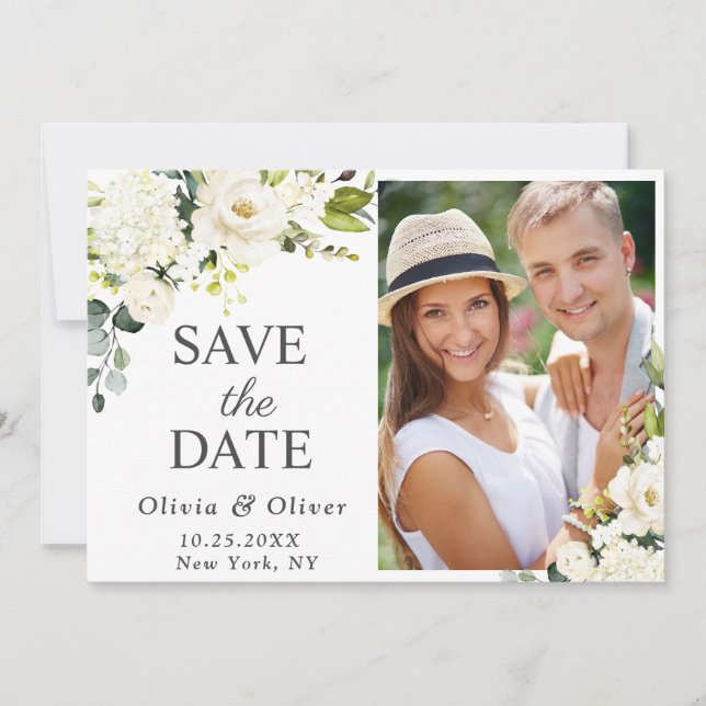 Elegant Ivory White Roses  Greenery PHOTO Wedding Save The Date (Front)