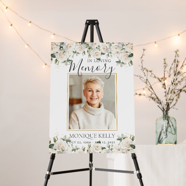 Elegant Ivory White Roses Photo Funeral Memorial  Foam Board (In Situ (Stand))