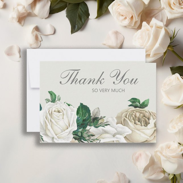 Elegant Ivory White Roses Wedding Thank You (Elegant white floral wedding Thank You card.)