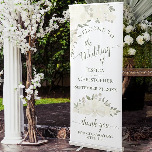 Elegant Ivory White Roses Wedding Welcome Retractable Banner
