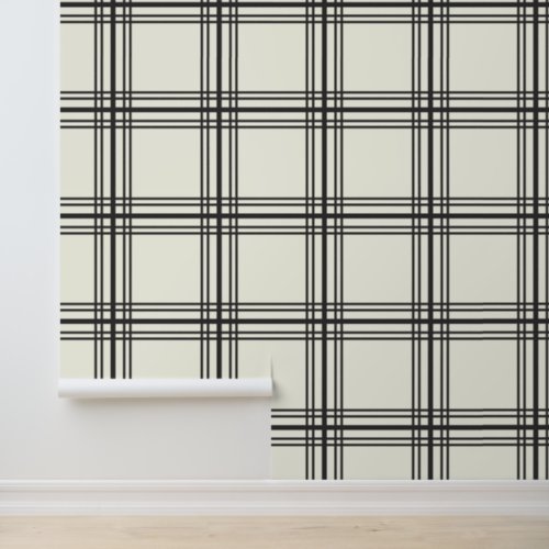 Elegant Ivory White with Charcoal Black Grid Lines Wallpaper