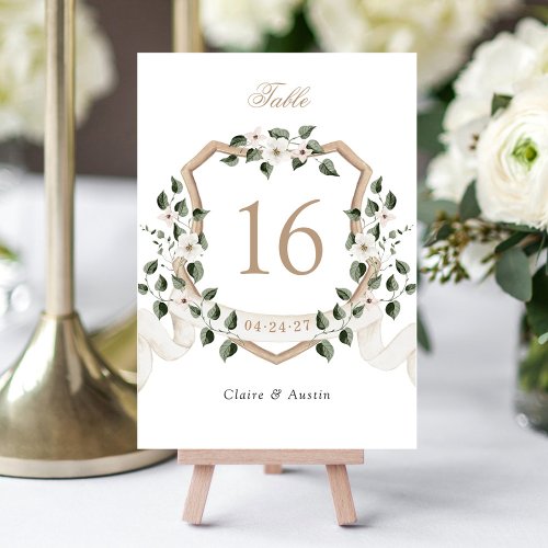 Elegant Ivy Greenery Floral White Crest Wedding Table Number