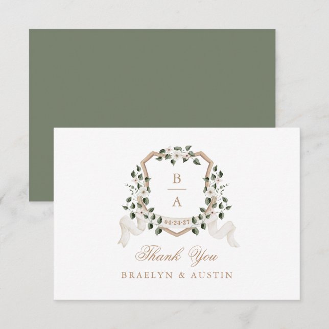 Elegant Ivy Greenery White Floral Wedding Crest Thank You Card (Front/Back)