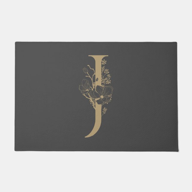 Elegant J Boho Floral Monogram Initial Gray Gold Doormat (Front)