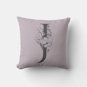 Elegant J Boho Floral Monogram Initial Lilac Gray Throw Pillow