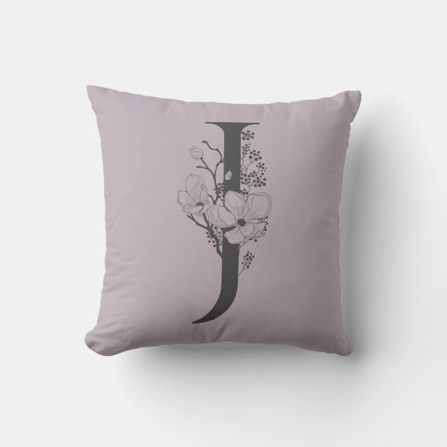 Elegant J Boho Floral Monogram Initial Lilac Gray Throw Pillow (Front)