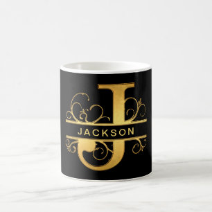 Elegant "J" Monogram Personalized Name Black Gold Coffee Mug