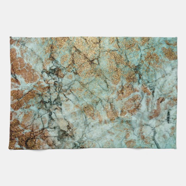 Elegant Jade and Rose Gold Glitter Marble Kitchen Towel (Horizontal)