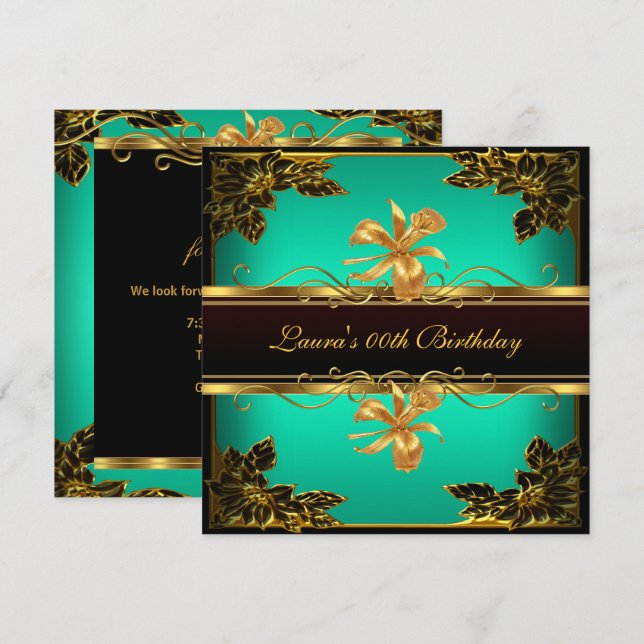 Elegant Jade Green Black Gold Birthday Party Invitation (Front/Back)