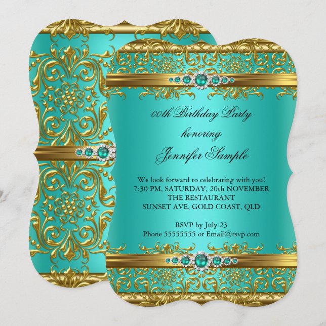 Elegant Jade Green Gold Damask Diamond Birthday Invitation (Front/Back)