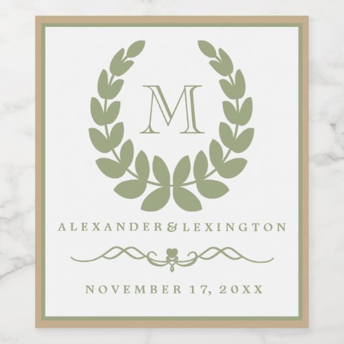 Elegant Jade Monogram Laurel Wreath Wedding Wine Label