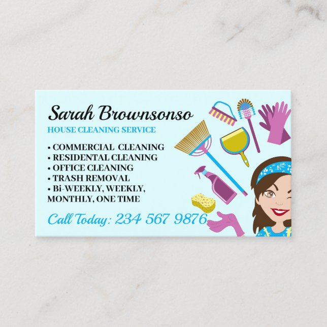 Elegant Janitorial Lady Cartoon House Cleaning Business Card (Front)