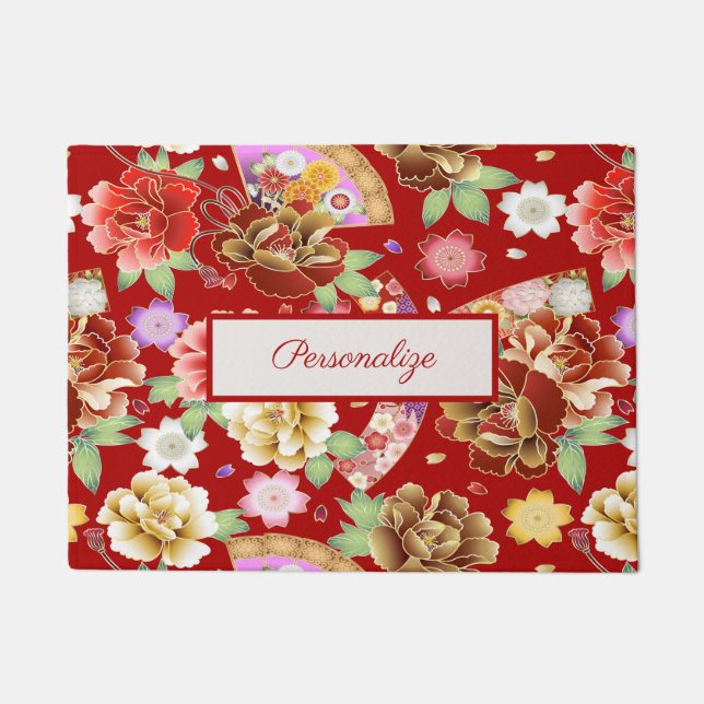 Elegant Japanese Asian Art Red Floral Pattern Doormat (Front)