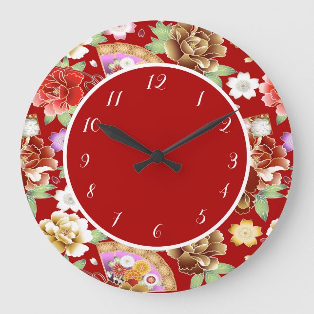 Elegant Japanese Asian Artwork Red Floral Fan Large Clock (Front)