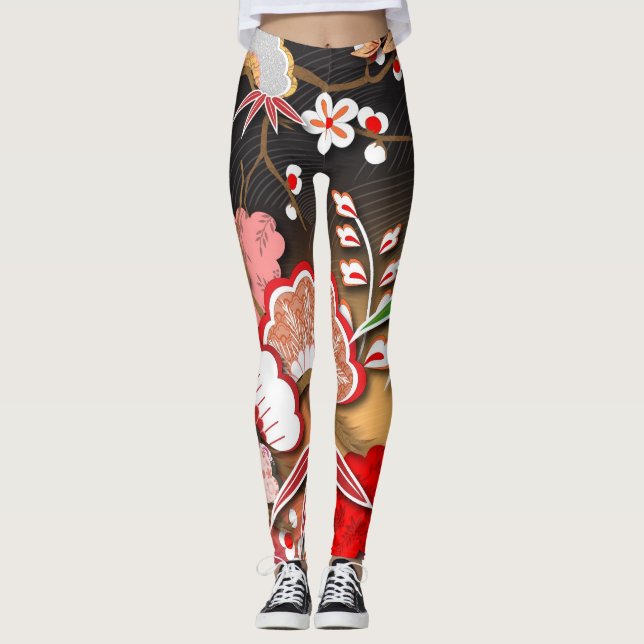 Elegant Japanese Autumn Kimono Leggings (Front)
