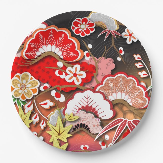 Elegant Japanese Autumn Kimono Paper Plates (Front)