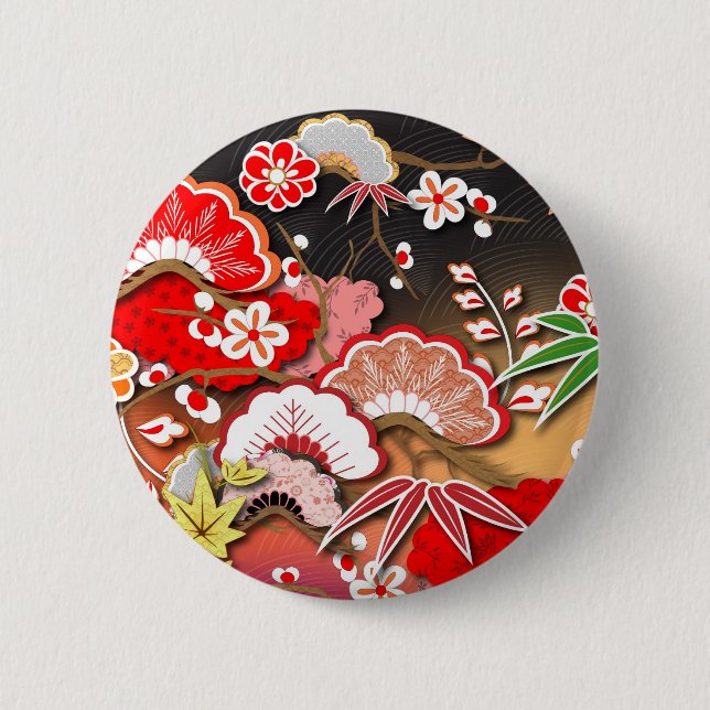 Elegant Japanese Autumn Kimono Pinback Button (Front)