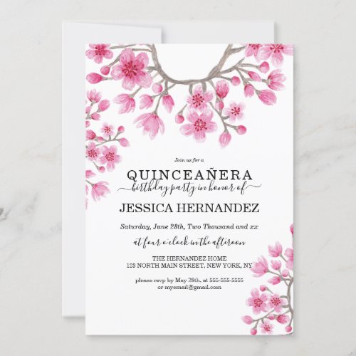 Elegant Japanese Cherry Blossom Floral Quinceaera Invitation