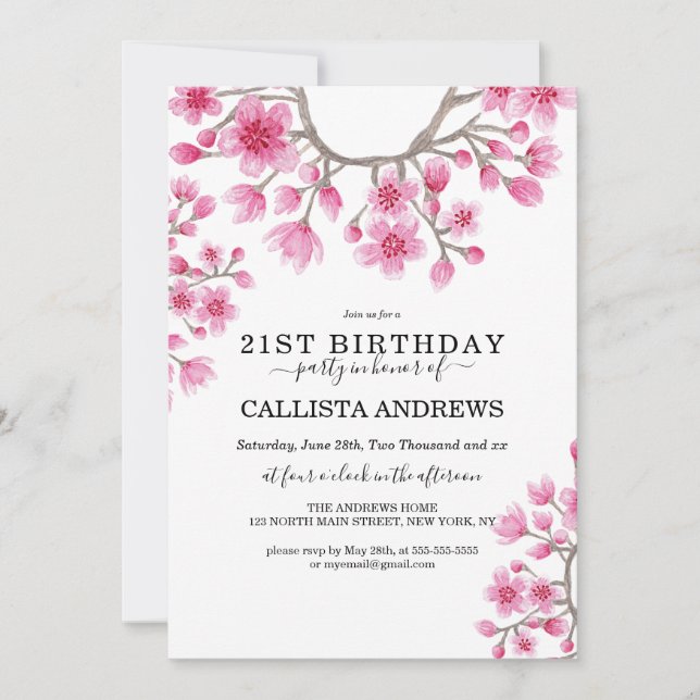 Elegant Japanese Cherry Blossom Floral Sweet 16 Invitation (Front)
