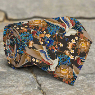 Elegant Japanese Crane And Blue Chrysanthemum Neck Tie
