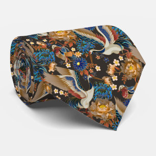 Elegant Japanese Crane And Blue Chrysanthemum Neck Tie