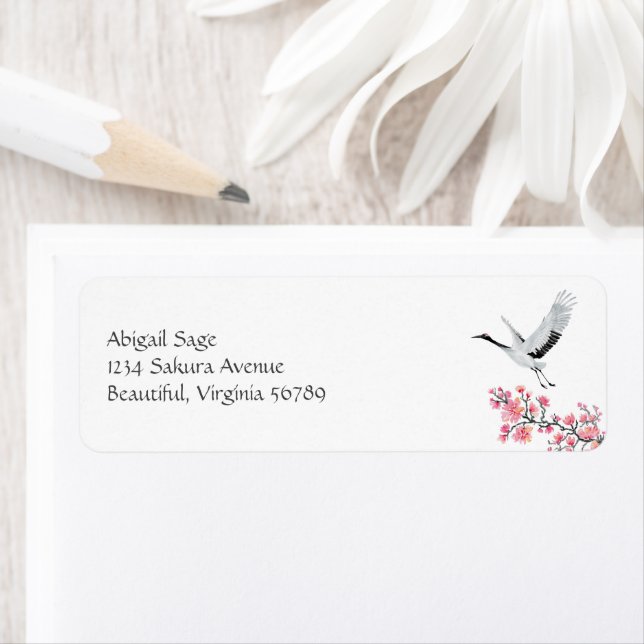 Elegant Japanese Crane and Cherry Blossom Address Label (Insitu)