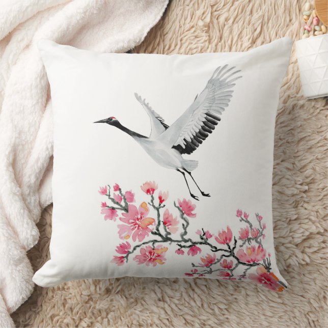 Elegant Japanese Crane and Cherry Blossom Throw Pillow (Blanket)