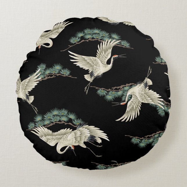 Elegant Japanese crane: artistic depiction. Round Pillow (Front)