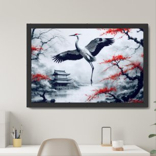 Elegant Japanese Crane In Japanese Garden Framed Art