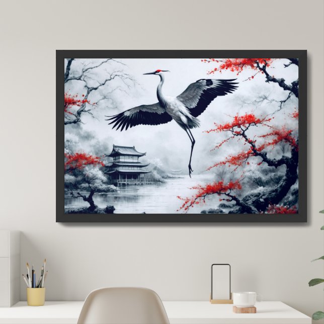 Elegant Japanese Crane In Japanese Garden Framed Art (Home Office)