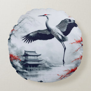 Elegant Japanese Crane In Japanese Garden Round Pillow