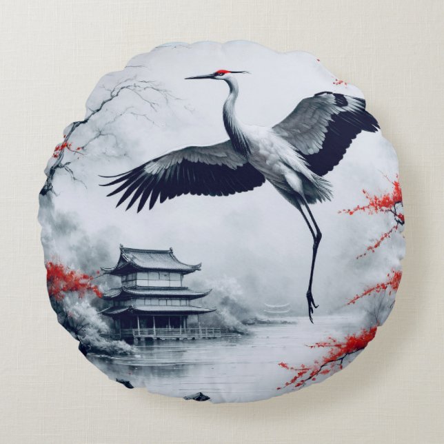 Elegant Japanese Crane In Japanese Garden Round Pillow (Front)