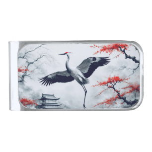Elegant Japanese Crane In Japanese Garden Silver Finish Money Clip