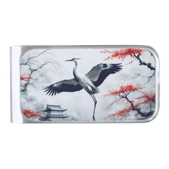 Elegant Japanese Crane In Japanese Garden Silver Finish Money Clip (Front)