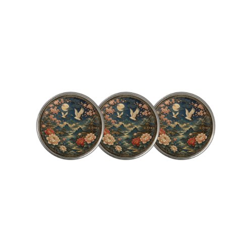 Elegant Japanese Crane Moon Landscape Kids T-Shirt Golf Ball Marker