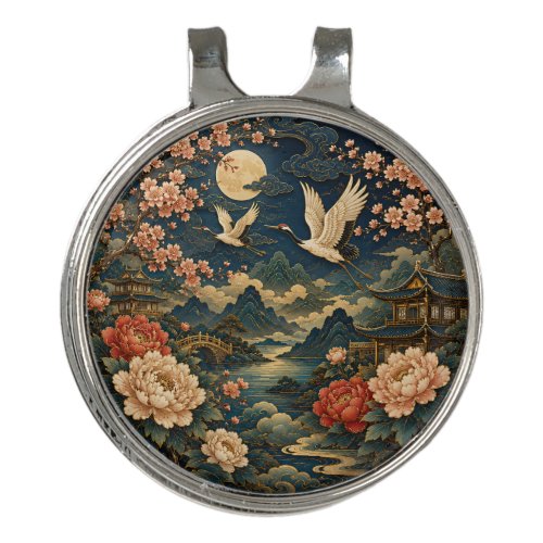Elegant Japanese Crane Moon Landscape Kids T-Shirt Golf Hat Clip