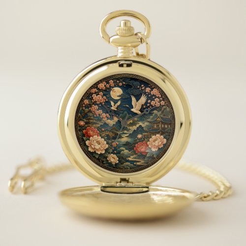 Elegant Japanese Crane Moon Landscape Kids T-Shirt Pocket Watch