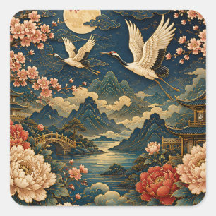 Elegant Japanese Crane Moon Landscape Kids T-Shirt Square Sticker