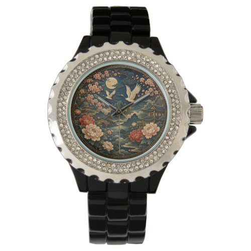 Elegant Japanese Crane Moon Landscape Kids T-Shirt Watch